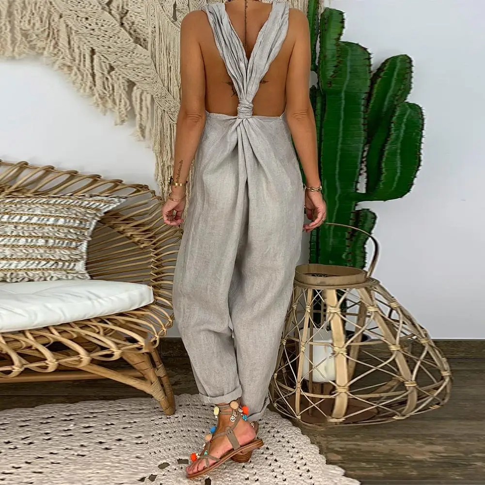 Loose Casual  Linen Print JumpsuitWomen Solid Color Bib Overall Sleeveless Backless Knotted Jumpsuit Dungarees