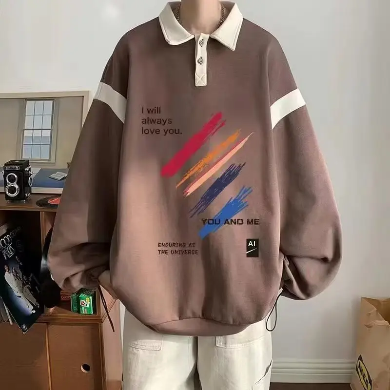 Spring Autumn Y2K Sweatshirts Man Harajuku Turn-down Collar Pullover Tops Oversized Chic Streetwear Male Clothes