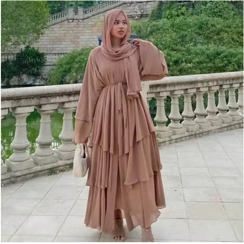 2024 summer new fashion patchwork three-layer chiffon flared sleeves flowing cardigan dress robe 2
