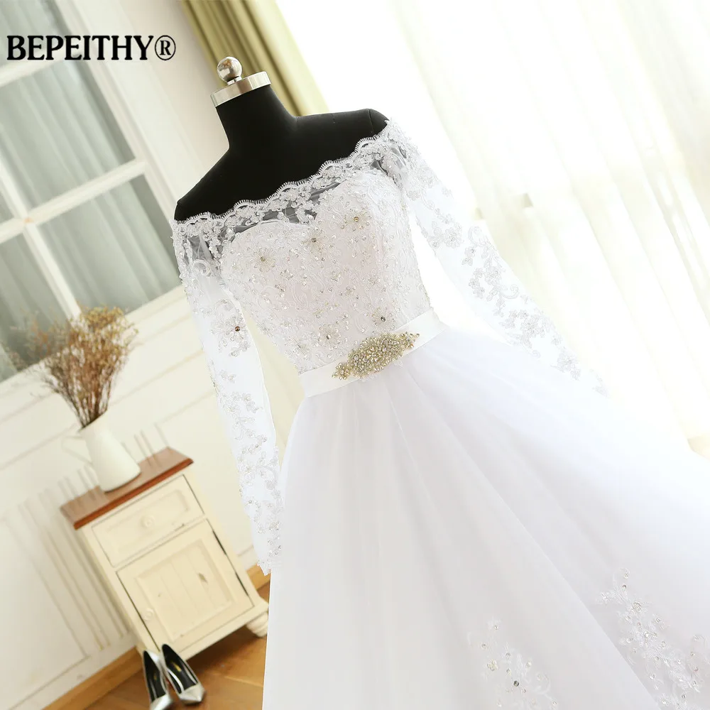 Customized Vestido De Novia Empire Wedding Dresses Chapel Train Long Sleeve Off The Shoulder Cheap Brides Dress Long Bridal Gown 4