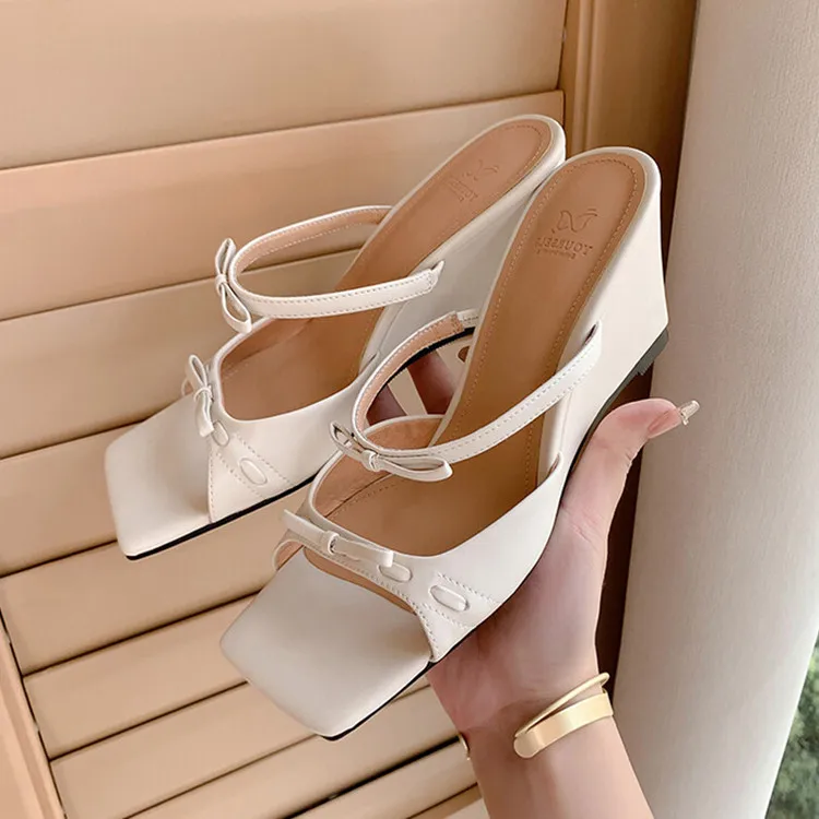 

2023French Design Women Slippers Beige Leather Square Toe Wedge Summer Shoes Bowknot Strap Casual Apricot Slides Chaussure Femme