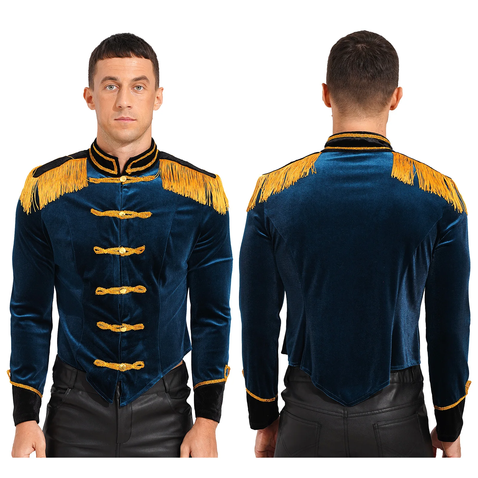 thumbnail image 1 of Disfraz de circo Ringmaster para hombre, disfraz de juego de rol, disfraz de circo de Halloween, chaqueta de terciopelo con cuello alto y flecos para hombro, 1 of 5