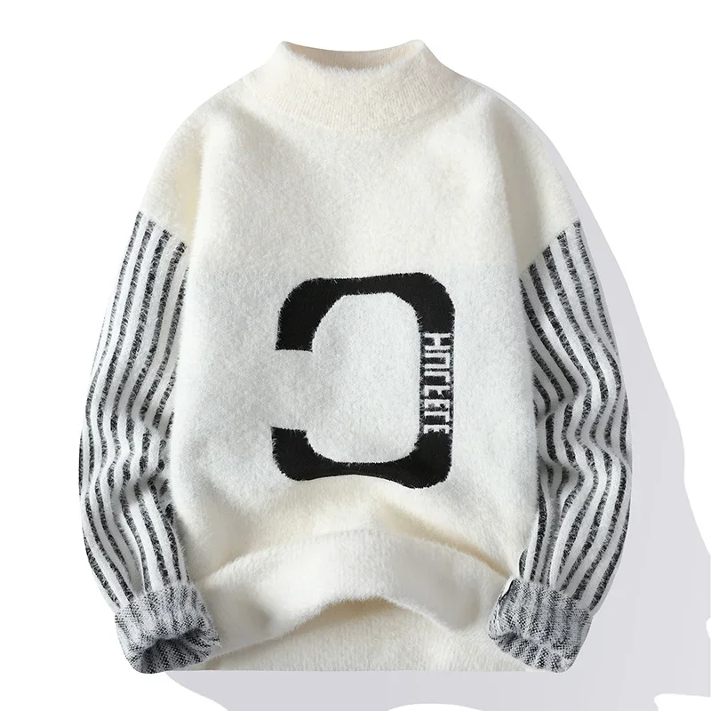 

Fuzz Stripe Sweaters Coat Male Half Turtleneck Base Shirt Autumn Korean Version Thick Warm Winter Clothes Jumper Pullovers