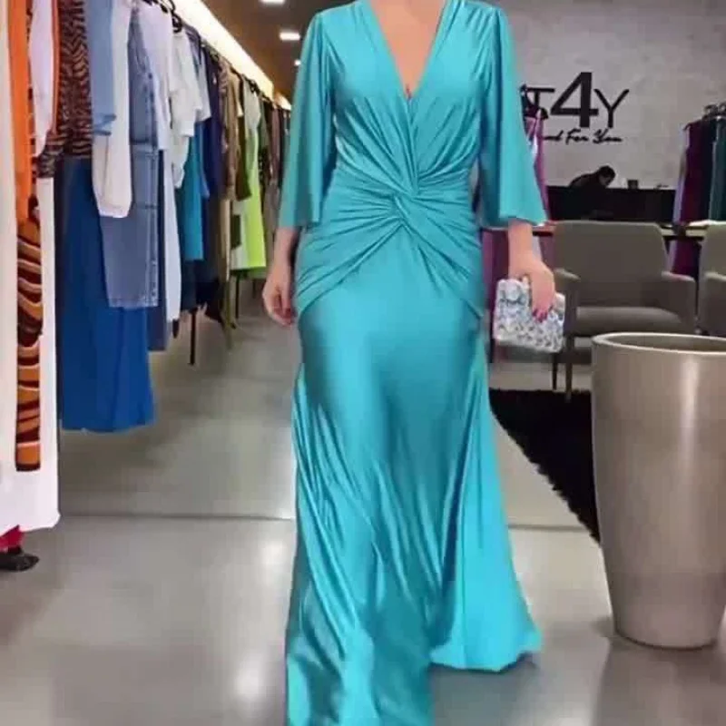 

Summer New Fashion Sexy V-neck Pleated Solid Color Loose Dress Qins