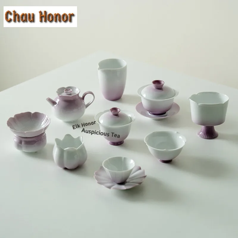 45ml Gradient Purple Ceramic Teacup Coaster Elegant Tea Bowl Jug Tea-tasting Fragrance Cup Chazhan Master Cup Tea Ceremony Craft