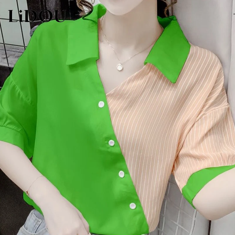 

Summer New Fashion Polo-neck Striped Patchwork Buttons Oversized Blouse Femme Elegant Simple Loose Casual Tops Women Shirt Blusa