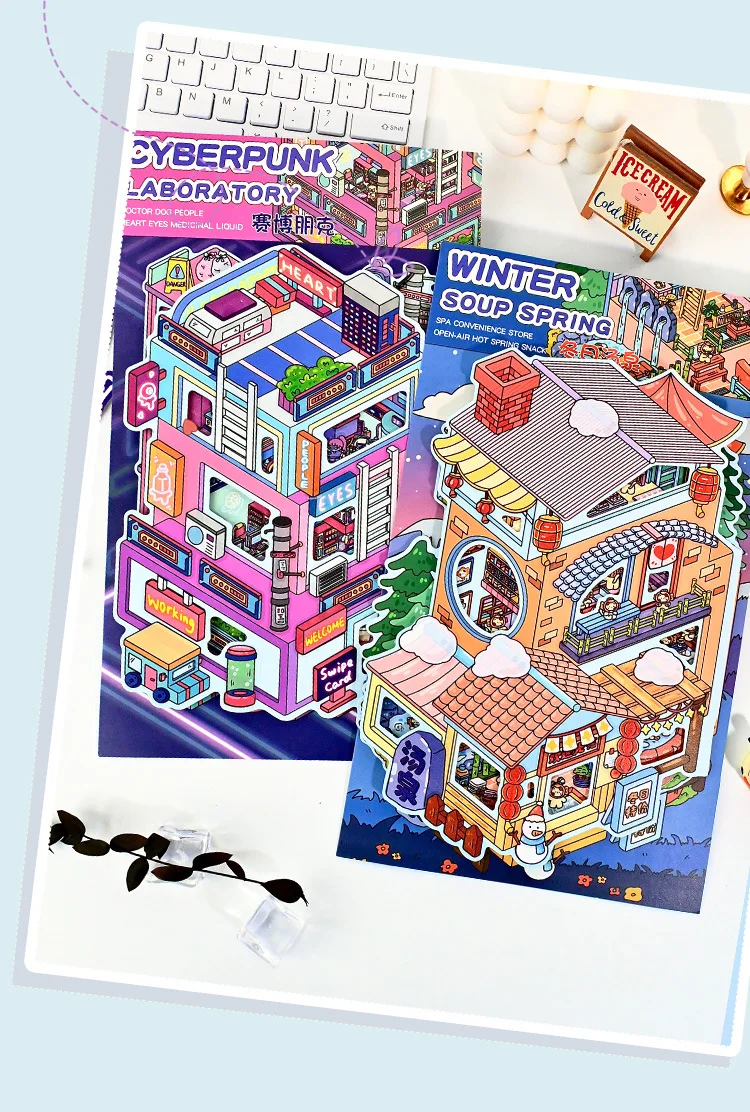 귀여운 사이버펑크 3D 겨울 온천 풍경 스티커 DIY 포켓 캐빈 장면 축제 선물 ?