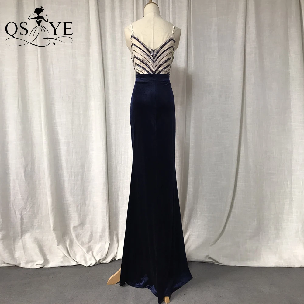 prom gowns Spaghetti Straps Navy Prom Dresses Mermaid Sequin Evening Gown Sexy Split Fitted V neck Deep Blue Velvet Party Formal Dress Chic yellow formal dresses