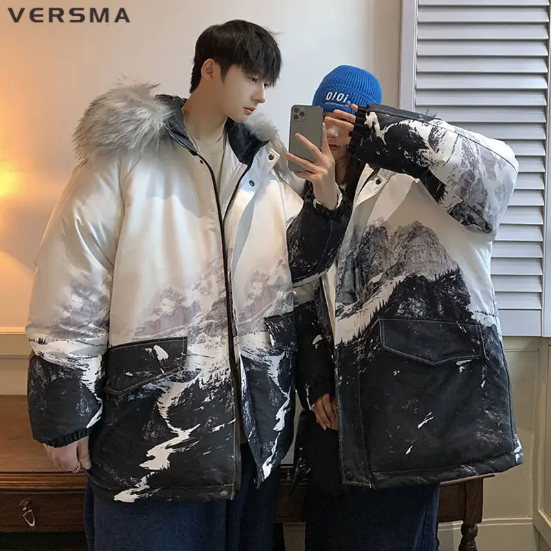 

VERSMA Japanese Teen Retro Snow Mountain Print Fur Collar Men Parkas Hip Hop Winter Hood Thick Duck Down Jacket Men Dropshipping
