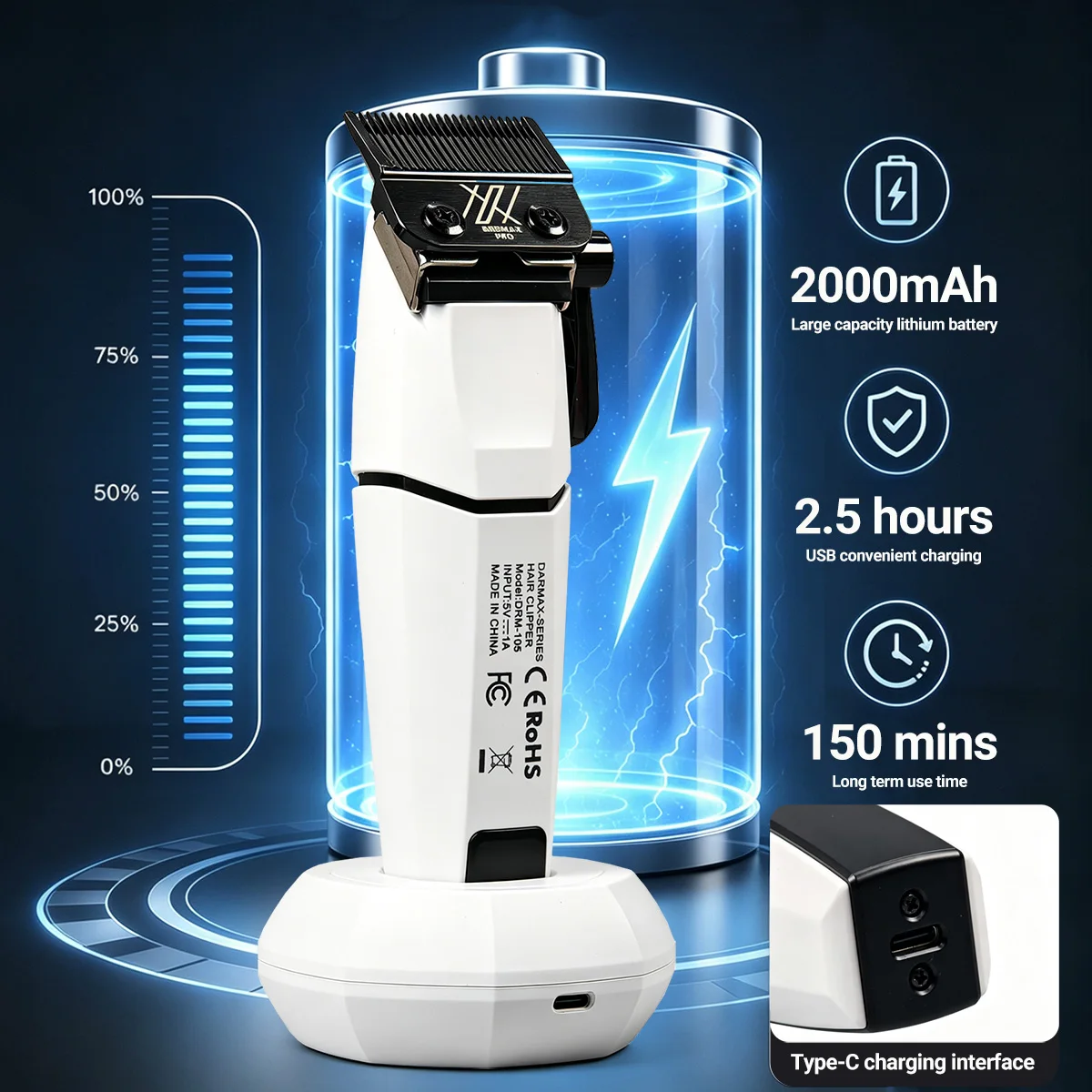 BRDMAX PRO DRM105 8000RPM 무선 헤어 클리퍼 FA1T 이발사 트리머 세트 전문 살롱 전기 헤어 커팅 머신