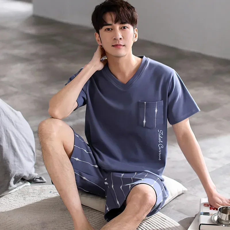 

Wear Waist Men's Pant Sleepwear Loose Men Piece Pajama Leisure Sleeve Set Pajamas Short Elastic Cotton Summer 2 Sets Home
