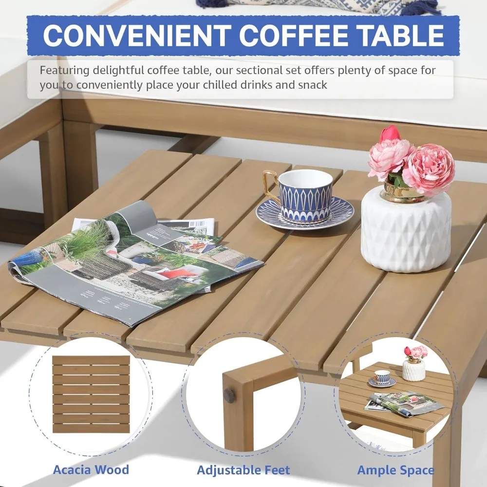 4 Piece Acacia Wood L-Shaped Outdoor Sectional Sofa Set with Built-in Side Table and Cream White Cushions, Conversation Set 5