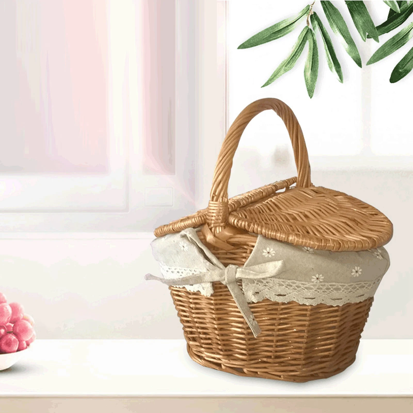 ZK20 Rattan Storage Basket Large Capacity Portable Rustic Picnic Basket with Lid and Handle Fruit Storage Basket 4