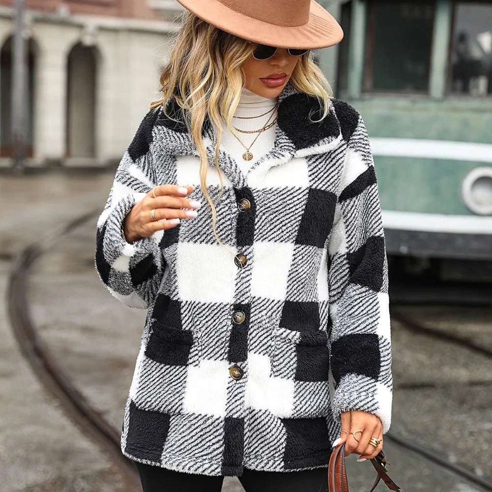 

Autumn and Winter Women's Lapel Long-sleeved Mid-length Plaid Single-breasted Double-sided Velvet Casual Jacket