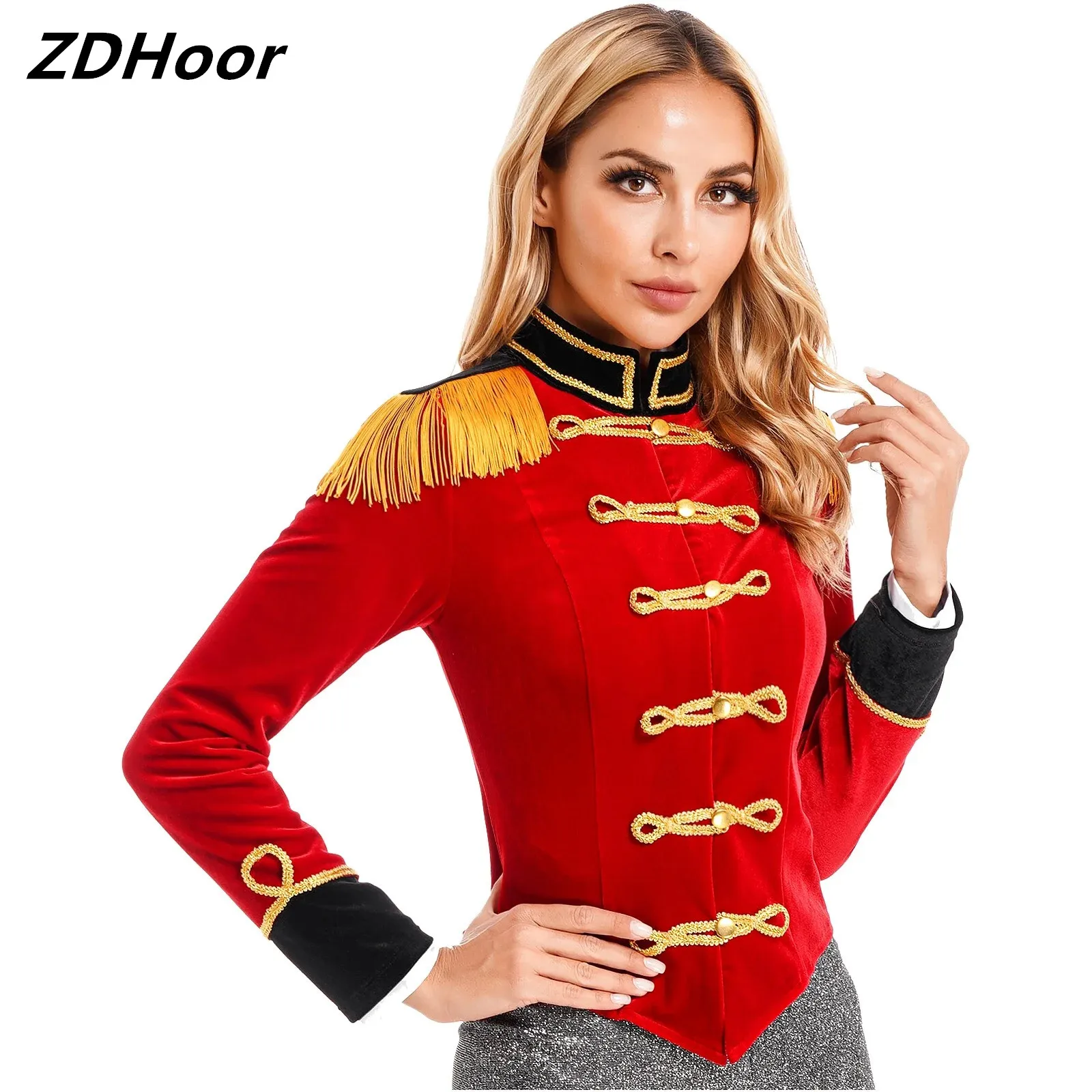 

Womens Circus Ringmaster Costume Stand Collar Fringed Shoulder Board Velvet Jacket Coat Halloween Carnival Party Cosplay Costume
