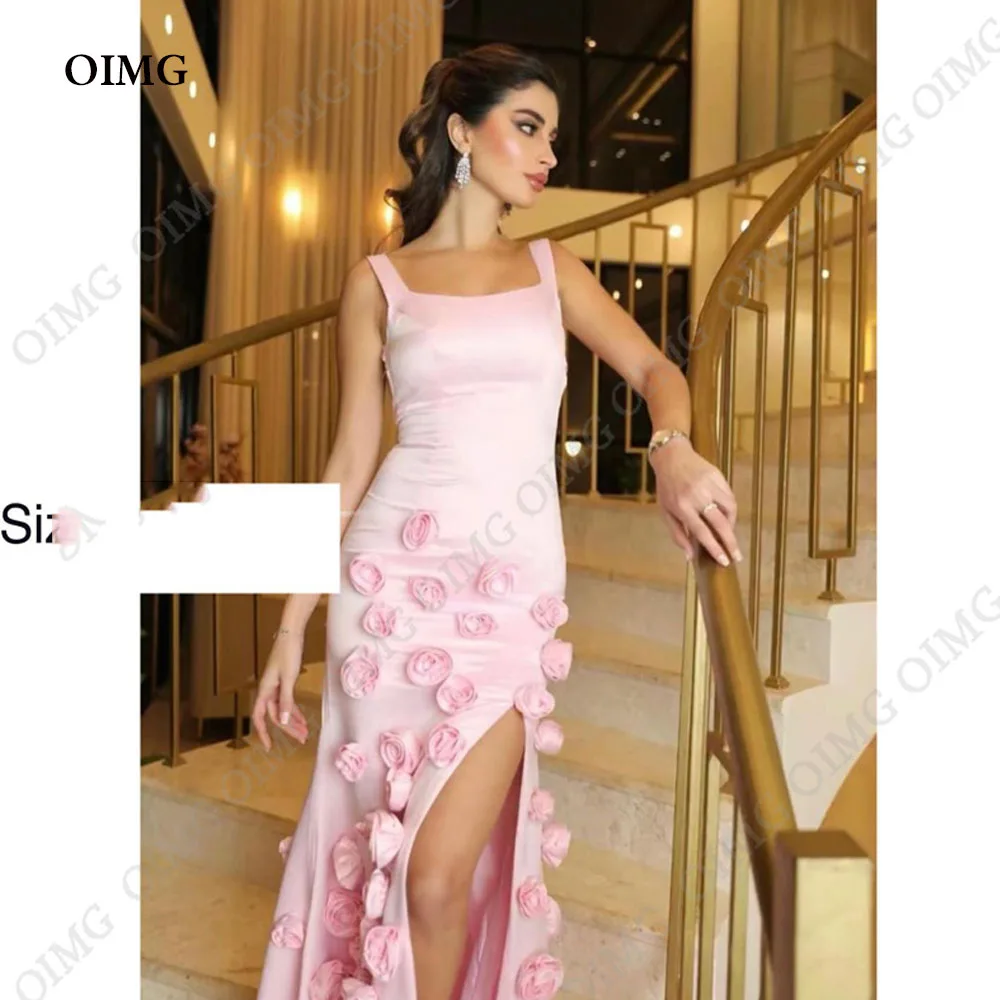 

OIMG Pink Strapless Satin Mermaid Graduation Evening Dress for Wmoen Elegant Side Slit 3D Flowers Prom Party Gown Floor Length