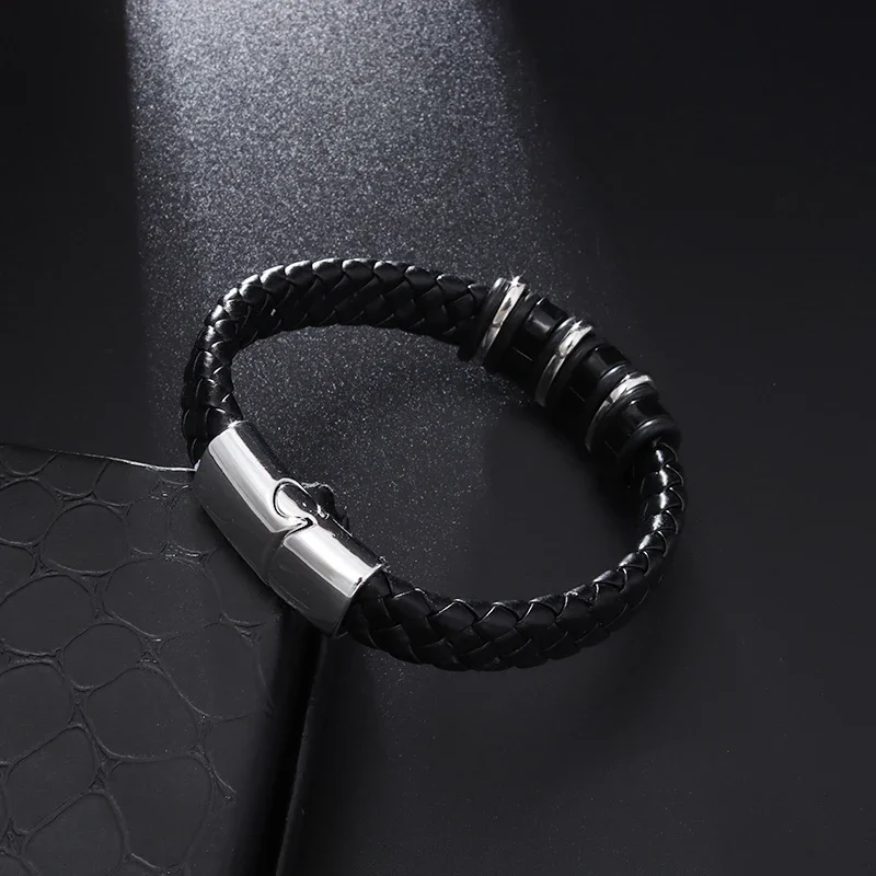 Men's Classic Magnetic Black Leather Rope Chain Charm Bracelet Sports Casual Style
