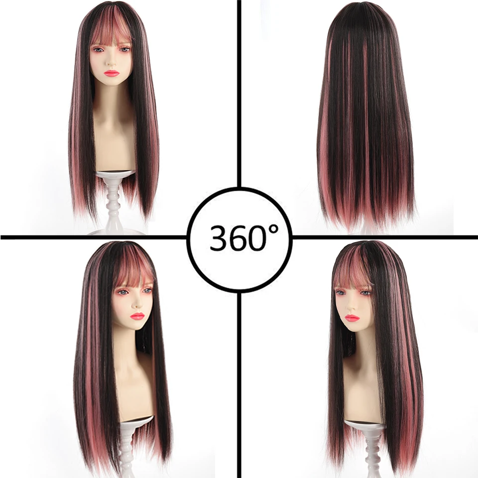 Black And Pink Long Straight Hair With Bangs Synthetic Cosplay Lolita Sweet And Cute Girl Daily Wig Halloween Christmas gift﻿