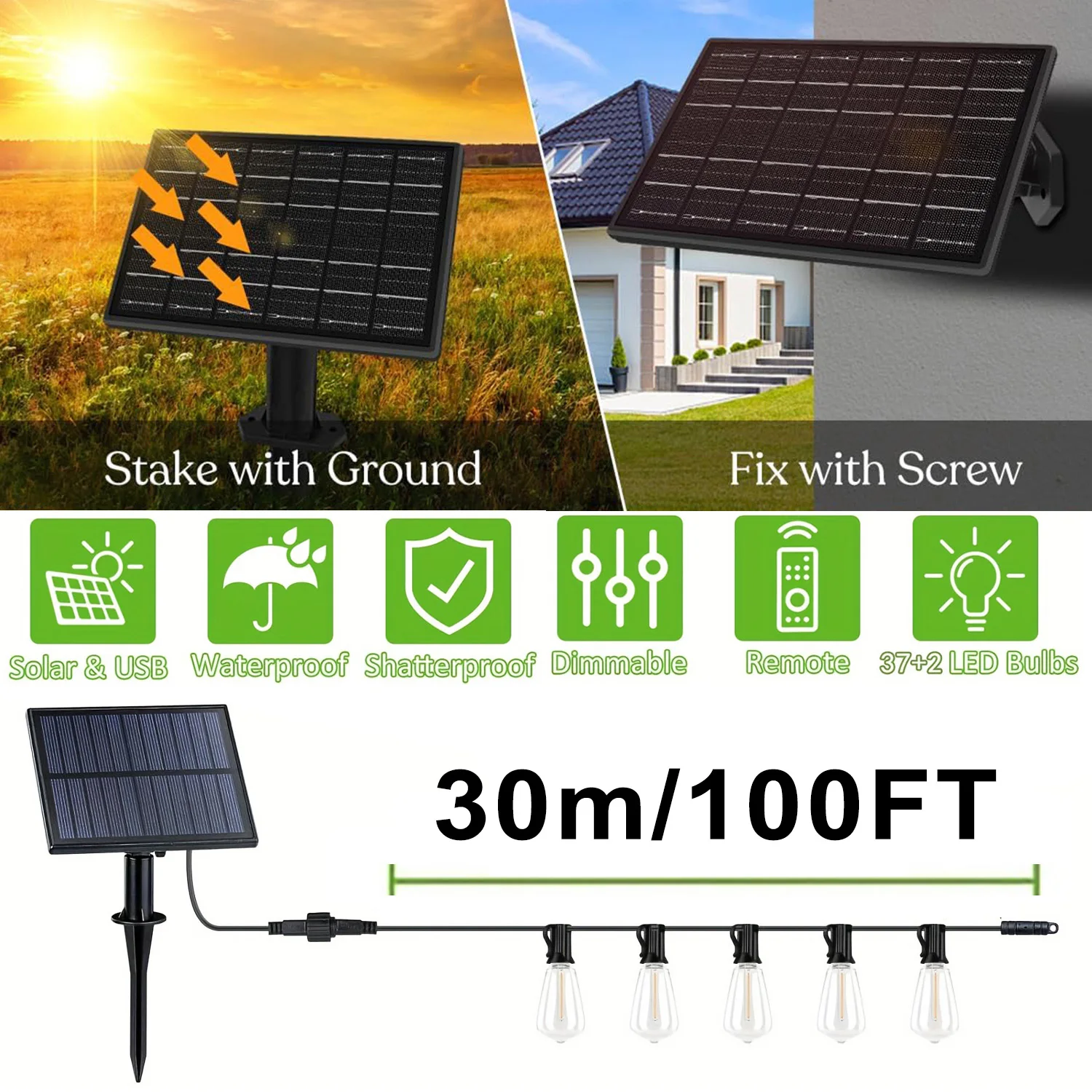 100FT Remote Dimmable Solar String Lights Outdoor ST38 LED Fairy Garden Lamp Wedding Party Xmas Halloween Hanging Patio Light 4