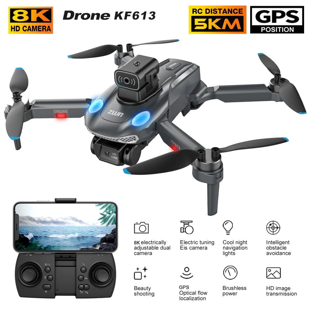 KF613 드론 8K 전문 HD 카메라 GPS 장애물 회피 FPV 쿼드콥터, 브러..