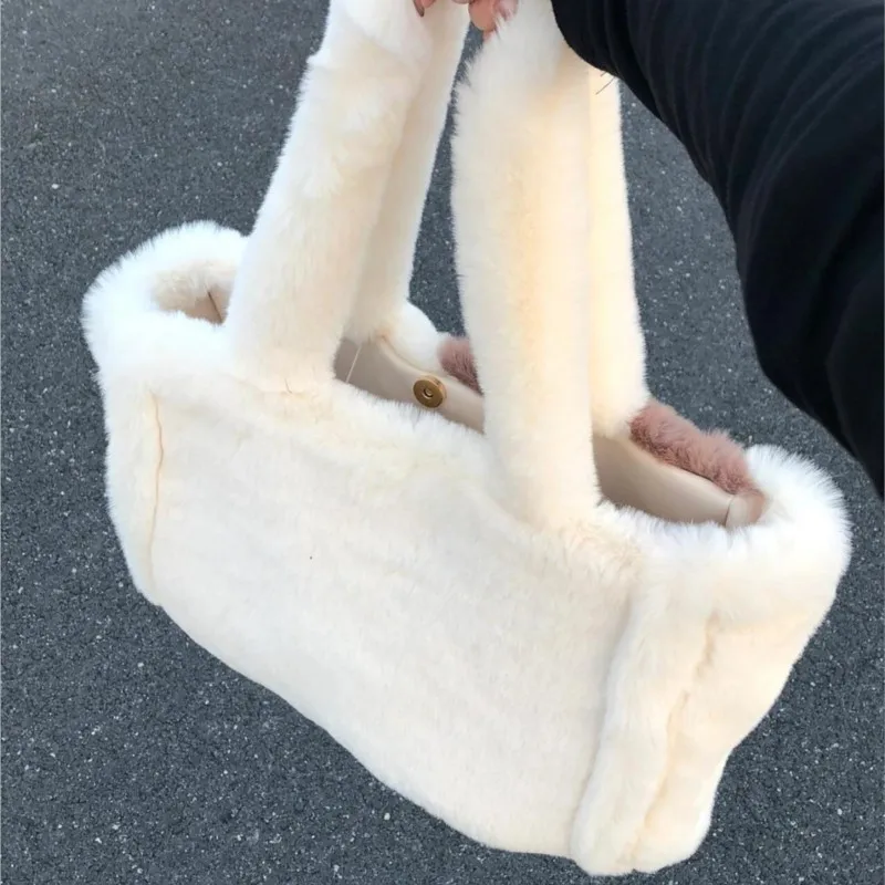 Sweet Cute Plush Tote Bag Women Color Block Soft Large Capacity Handbag Ladies Gentle Comfort Minimalist Versatile Underarm Bag