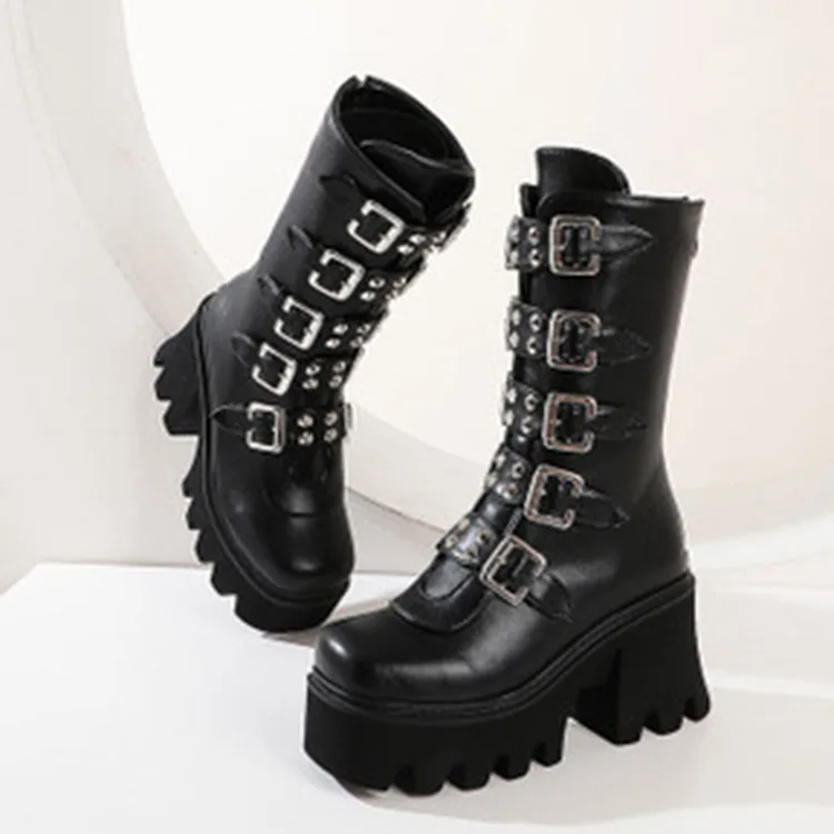 European and American New Black High-tube PU Artificial Thick-soled short Boots Back Zipper Large Size Stage Women's Boots