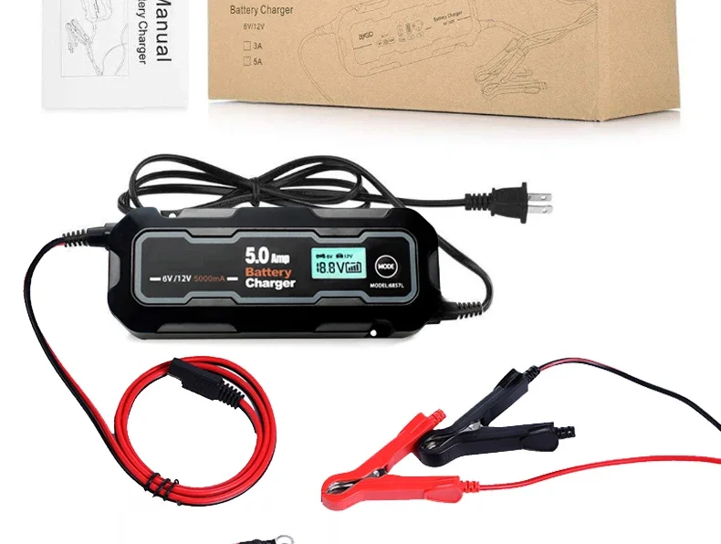 5000mA Vollautomatisches Auto- und Motorrad-Batterieladegerät, 6 V/12 V, intelligentes LCD-Display, Betreuer, Batterieladegerät für Auto, Wohnmobil, ATV, Boot – Detail 12