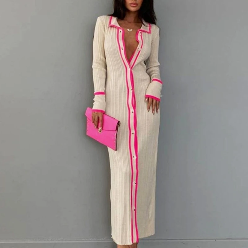 

Long Sleeve Bodycon Maxi Dress Knitted Sweater Long Dress Button Cardigan Dress