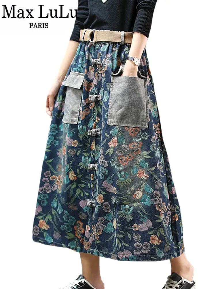 Max LuLu 2024 New Design Women Vintage Denim Printed Flowers Skirt Ladies Elastic Long Skirts Girl A-Line Elegant Casual Clothes foxmother new design fashion shiny pink grey navy color foil gold metallic cat scarf wrap shawl foulard ladies mother gifts