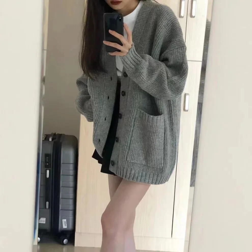 여성용 단추 포켓 루즈 가디건 코트, 한국 학생 단추 니트웨어 스웨터, PUMY-01 가을