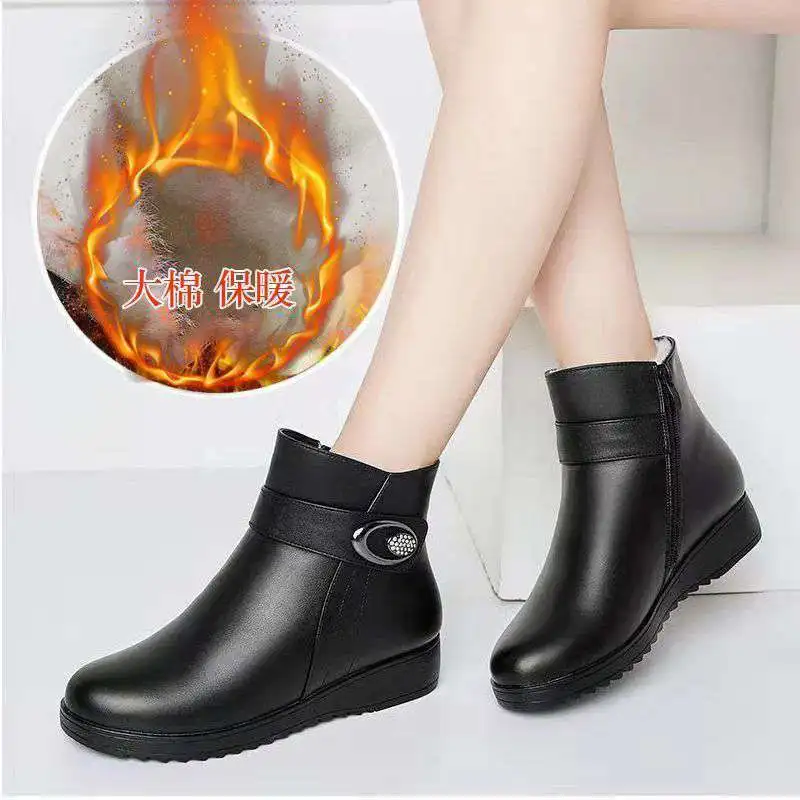 Women's Snow Ankle Boots Wool Warm 2021 2022 New Flat Soft Leather