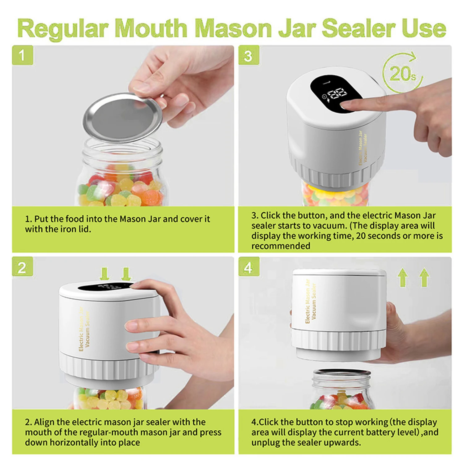 Electric Mason Jar Vacuum Sealer Kit Cordless Automatic Jar Sealer Set for  Food Storage and Fermentation with Mason Jar Lids