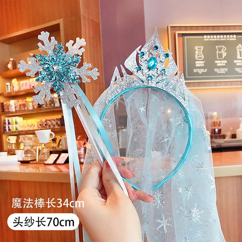 Ice Snow Princess Hair Accessories Magic Wand Set Girl's Jewelry Long Veil Crown Hair Band Gift Children's Headdress 30colors elegant scarf for women bandana high quality bubble chiffon hair ball headscarf islam veil long muslim hijab shawls