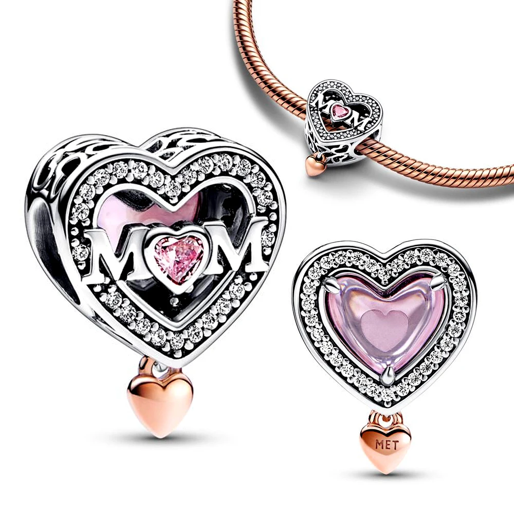 Rose Gold Heart Shape Silver Colour Charm for Women Festival Jewelry Gift Fit DIY Bracelet Necklace Chrams