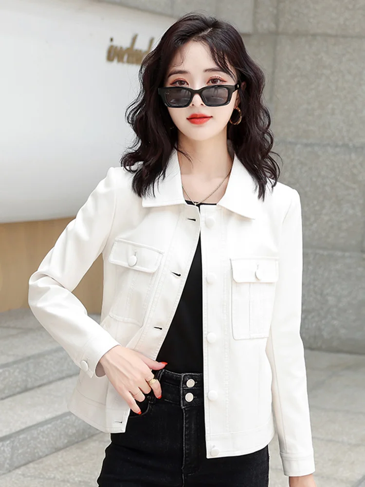 New Women Leather Jacket Spring Autumn Fashion Casual Turn-down Collar Soft Sheep Leather Coat Short Slim Outerwear Female