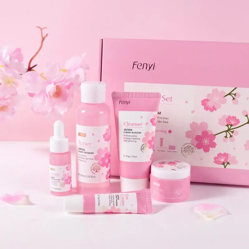 

5PCS Sakura Skincare Gifts Set Brightening Facial Skin Care Set Moisturizing Facial Cream Face Serum Eye Skin Care Set for girl