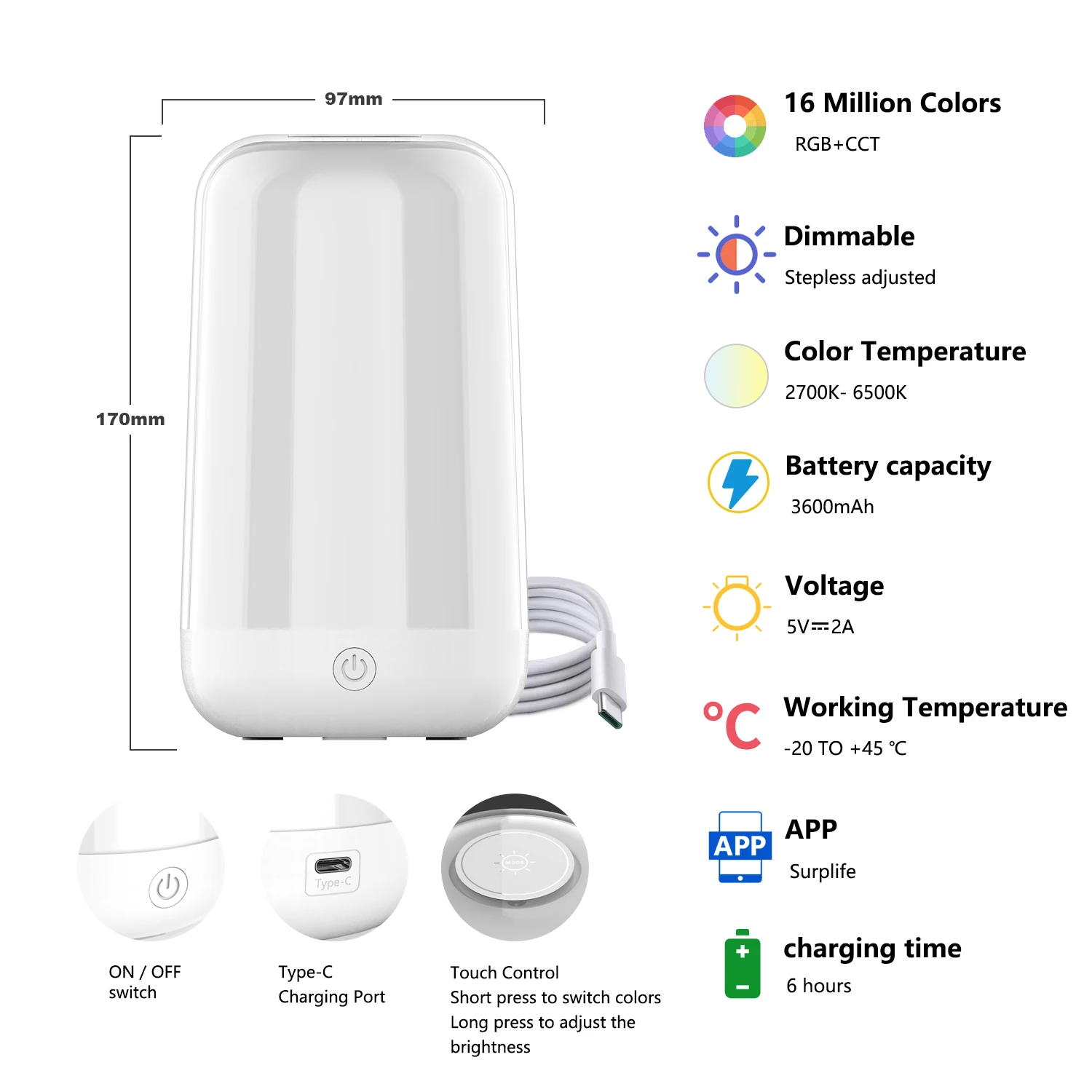 מנורת שולחן ליד המיטה חכמה עם מגע ניתן לכוונון, תאורת לילה LED בלוטות' RGB נטענת לילדים, מנורת שולחן למחנאות וקישוט אטמוספירה