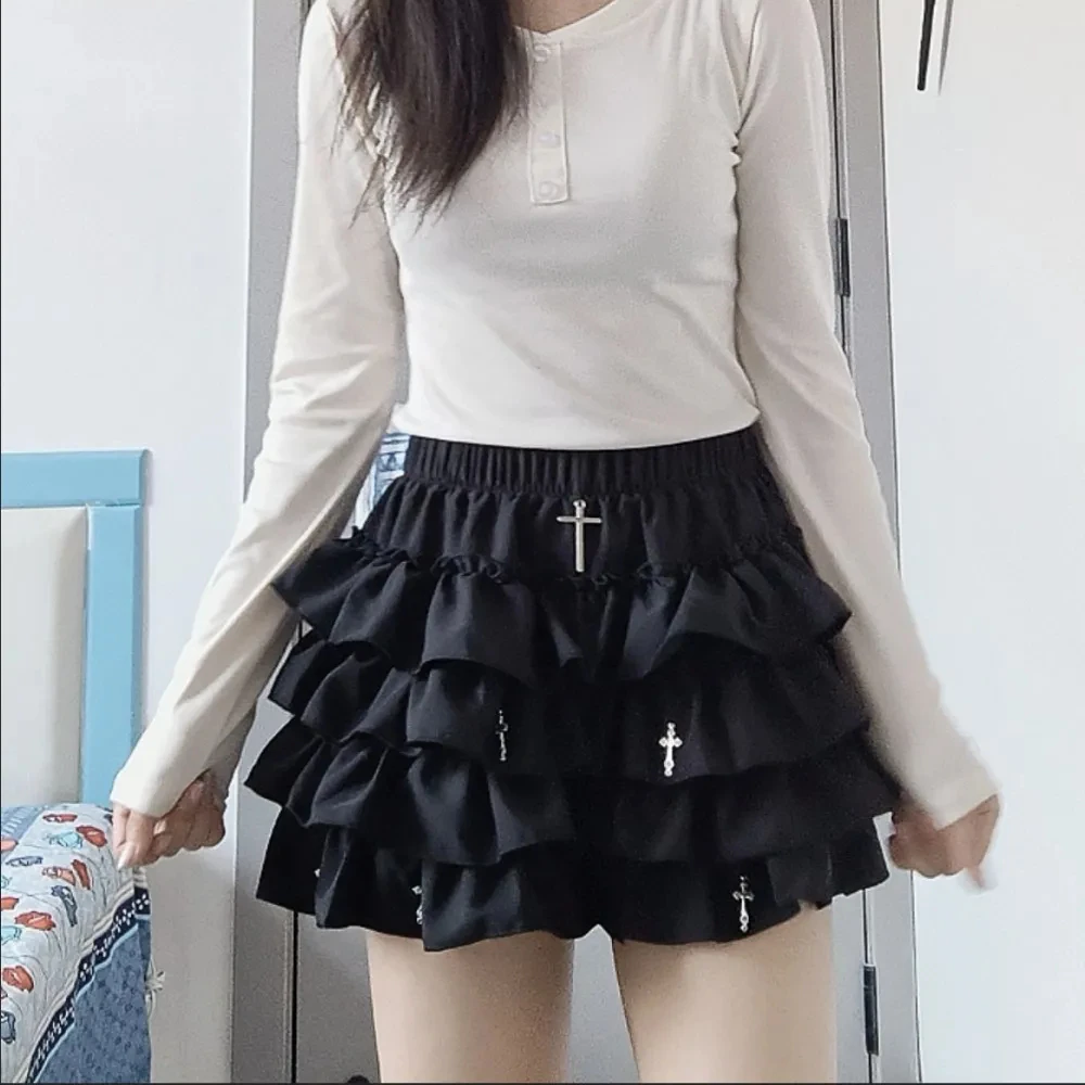 Women Skirts Tiered Ruffles Mini Skirts with Cross Charms Built-in Shorts Kawaii Sukapan Skort Gothic Punk Coquette Y2K E-girl 1