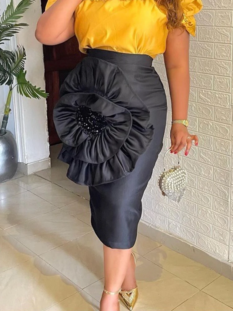 Stylish Women Black Skirt with Big Flower Sequins High Waist Fitted Midi Skirt for Party Club Bodycon Femme Birthday Date Out