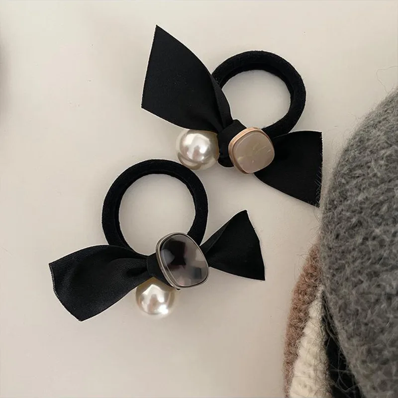 

Women Simple Black Ribbon Bow Hair Ties Pearl Acetic Acid Acrylic Ornament Scrunchies Seamless Elastic Hair Band Ponytail Holder