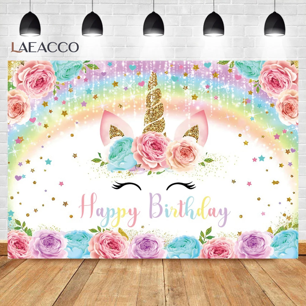 Rainbow Unicorn Happy Birthday Photo Backdrop Dreamy Shiny Star Backgrounds Banner Baby Shower Party Photographic Decor