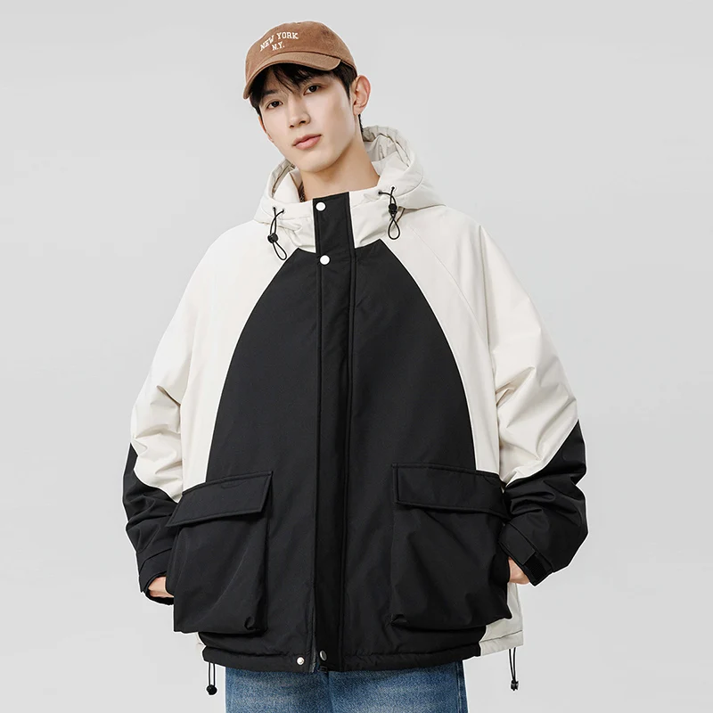 Outdoor Men's Winter Padded Jacket Hooded Zip-up Patchwork Windbreaker Waterproof Outerwear Hiking Fashion Thick Warm Parkas