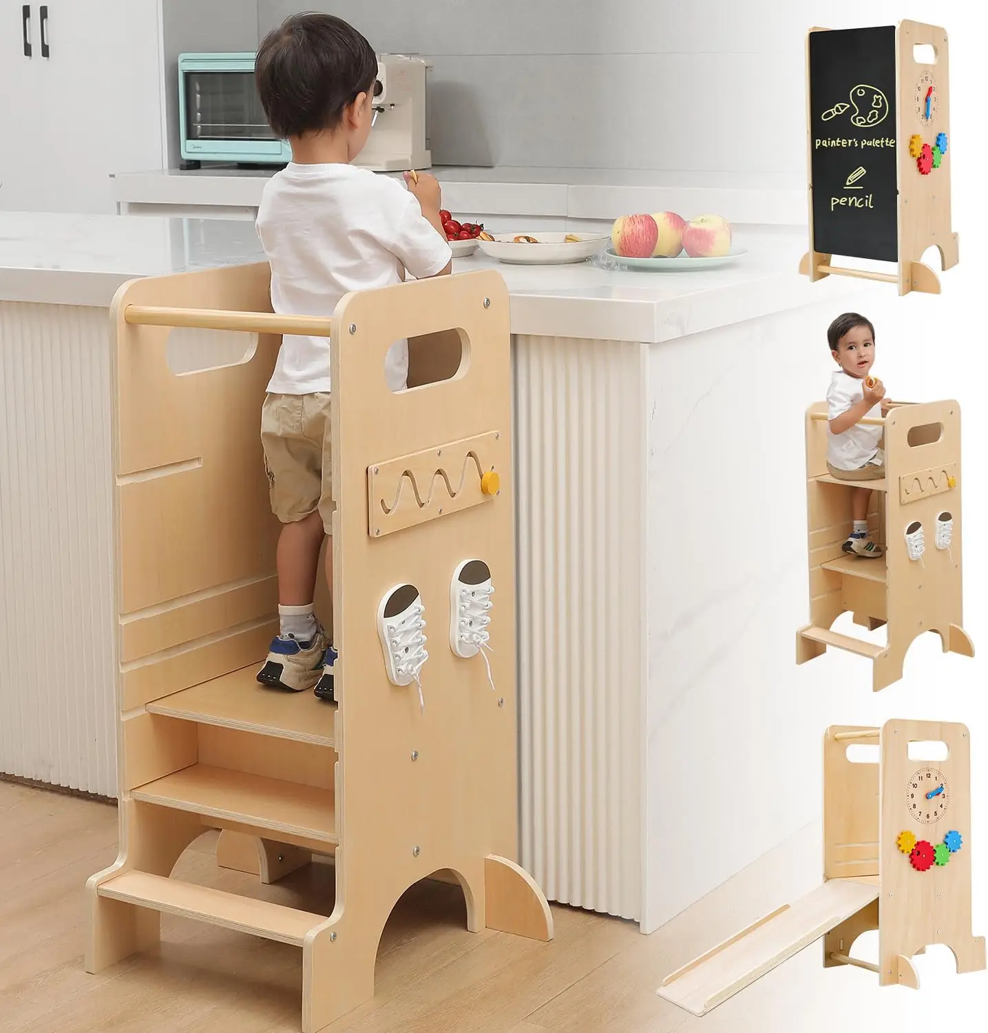 

Toddler Kitchen Stool Helper Adjustable Standing Tower for Kitchen Counter with Slide, Chalkboard, Montessori Activities
