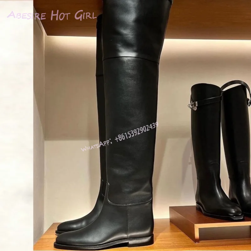 

Loose Black Long Thigh Leather Boots Women Silver Buttons Slip On Flat Casual Round Spring Pants Boots Pleated Injection Shoes