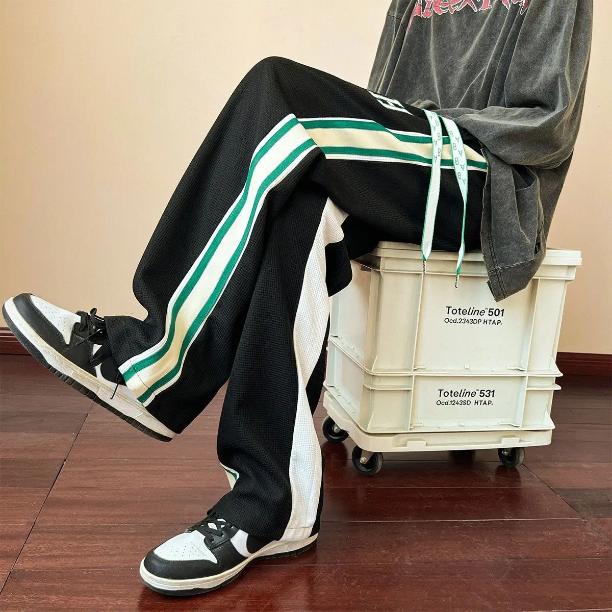 Klein Blue premium Waffle pants men's American High street straight leg loose drop striped floor length casual pants
