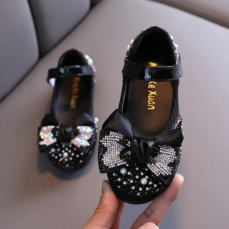 New Children Leather Shoes Rhinestone Bow Princess Girls Party Dance Shoes Baby Student Flats Kids Performance Shoes