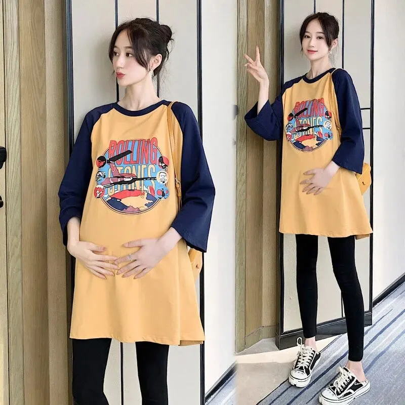 용수철 가을 스타일 임산부 원피스 세트, 트렌디한 엄마 옷, 루즈한 면 티셔츠, 긴팔 용수철 옷