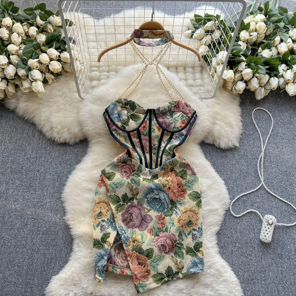 

2023 Summer Vintage Corset Slim Dress Women Strapless Halter Floral Sexy Sundress French Print Retro Short Dresses