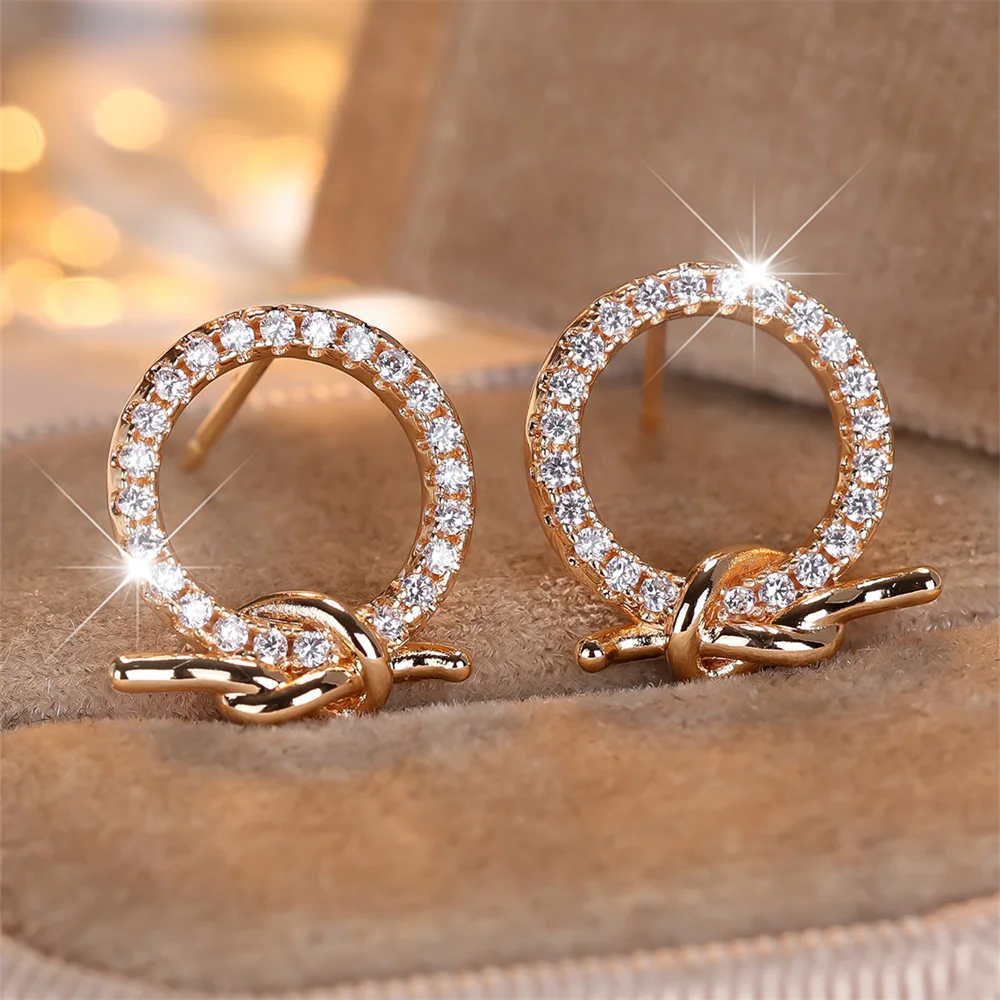 White Zircon Round Stone Earring Geometric Twist Metal Small Stud Earrings For Women Vintage Gold Color Versatile Jewelry Gifts