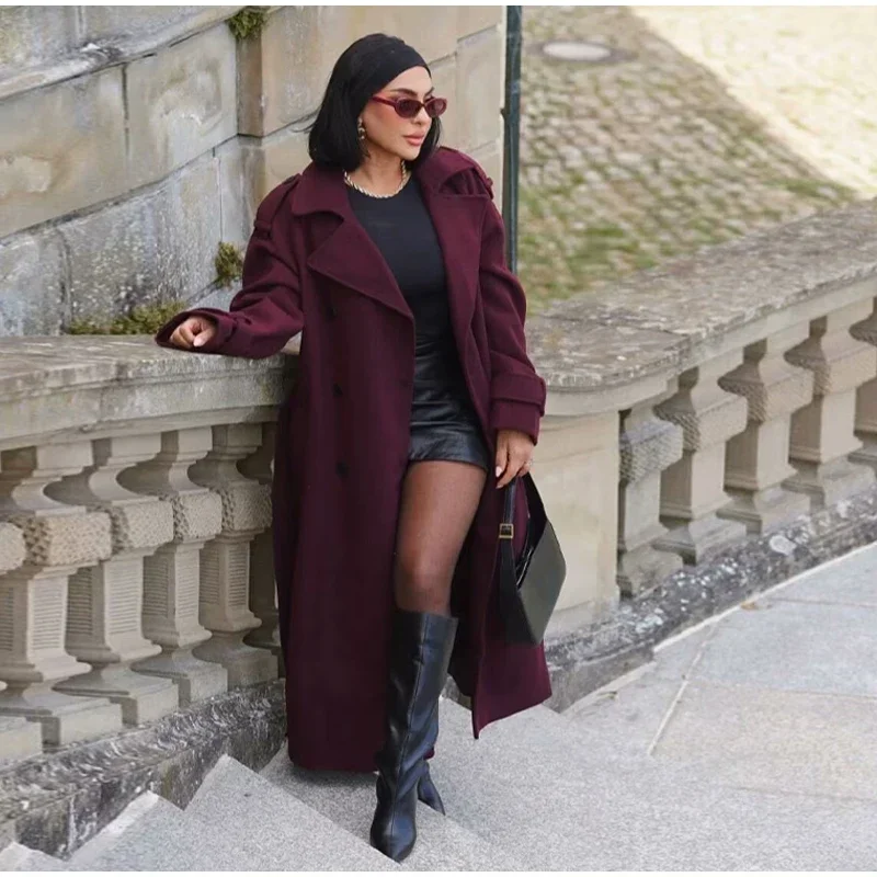 Fashion Burgundy Red Double Breasted Overcoat Women Lace Up Loose Lapel Pockets Long Sleeve Coat New High Street Outerwear